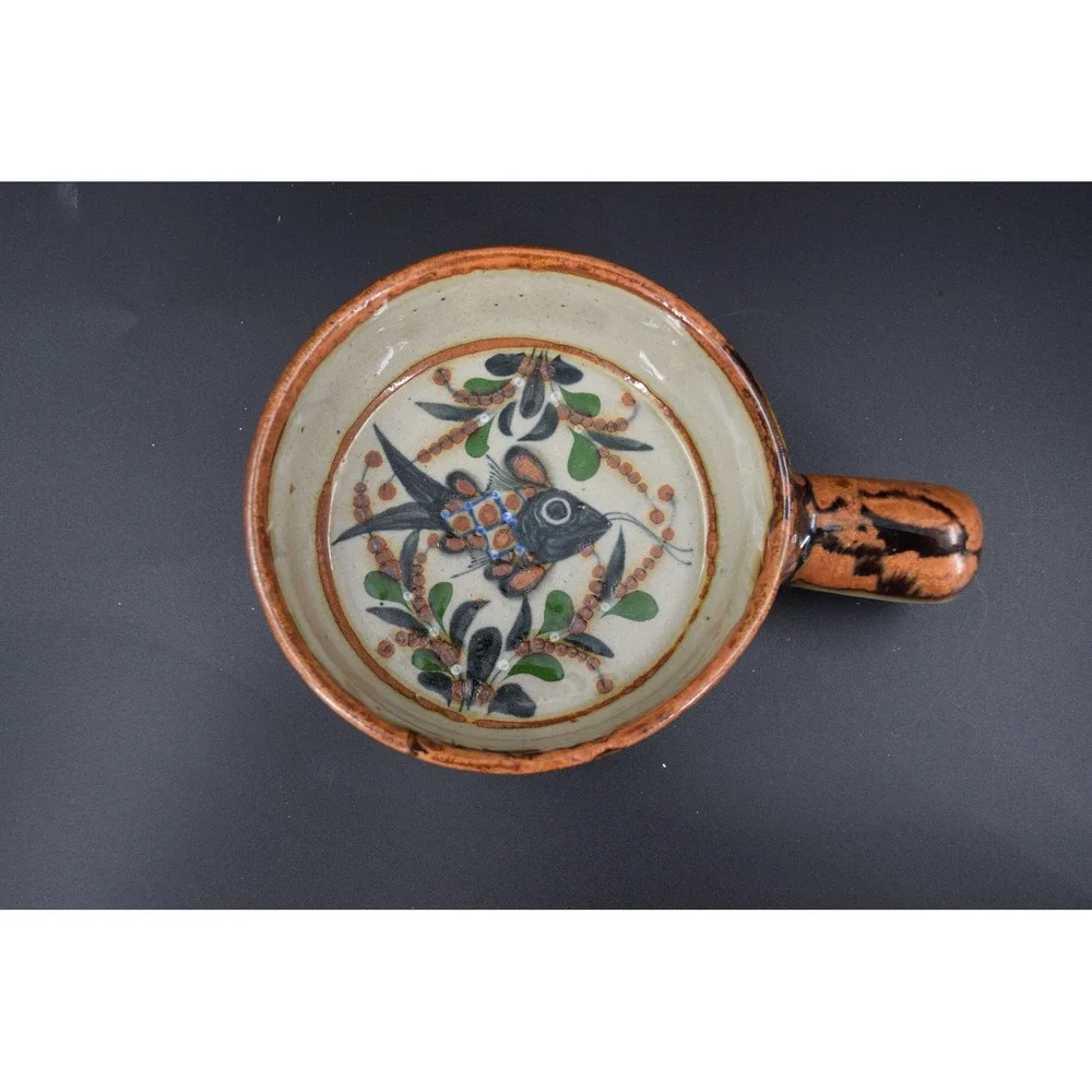 VTG Artisan Signed PA Fish Skillet Bowl Small Cream Brown Excellent Hand Painted